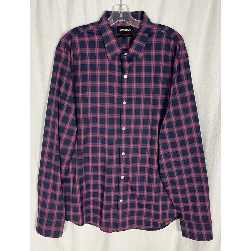 Bonobos Shirt Mens XXL Pink‎ Blue Plaid Slim Fit Long Sleeve Button Front Shirt